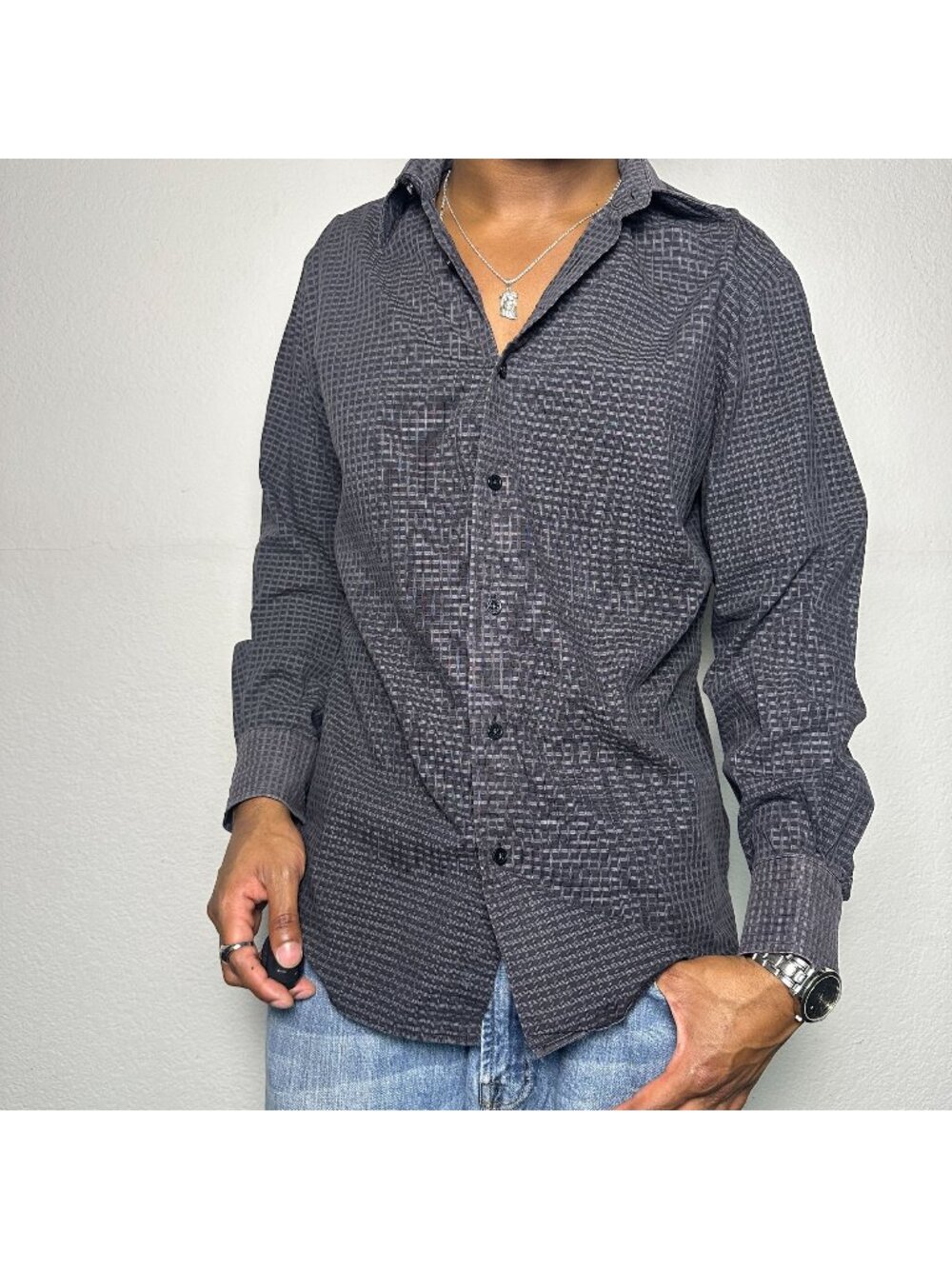 Express Dress Button Up Casual Shirt Men L Black Abstract Plaid Formal Disco